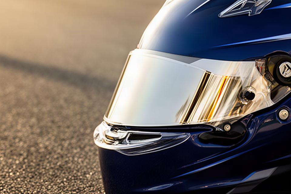 Close-up van een racehelm met vizier op een circuit, zonlicht reflecteert op de glanzende schaal, op de achtergrond een asfaltstrook
